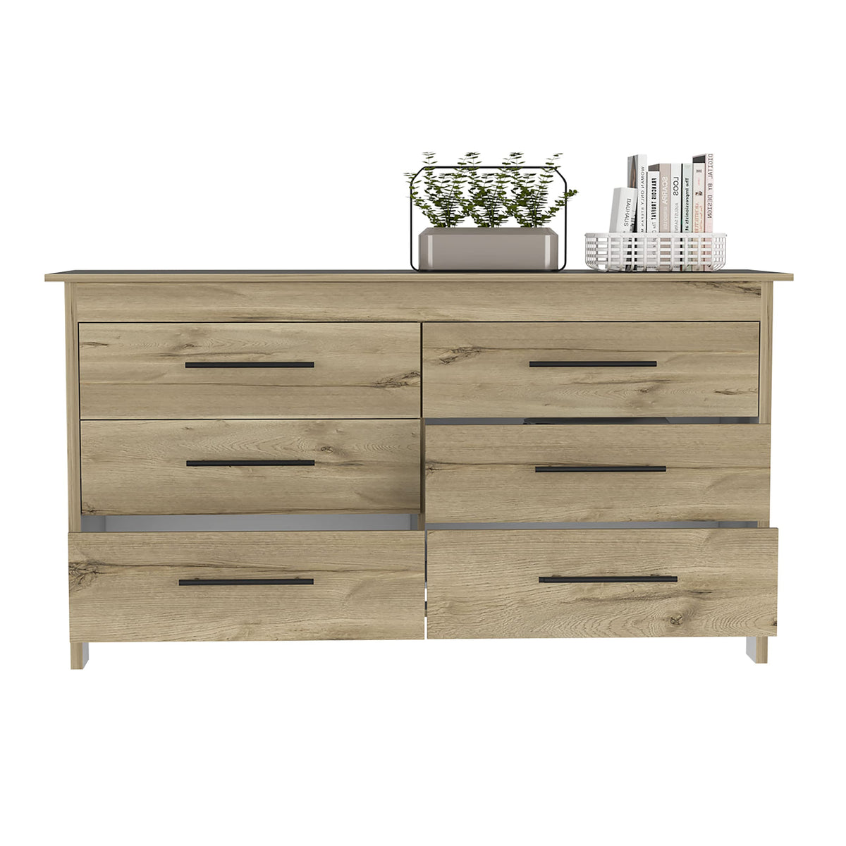 Depot E-Shop Paris 6 Drawer Double Dresser -Six Drawers, Four Legs, Countertop-Light Oak/White. for Bedroom