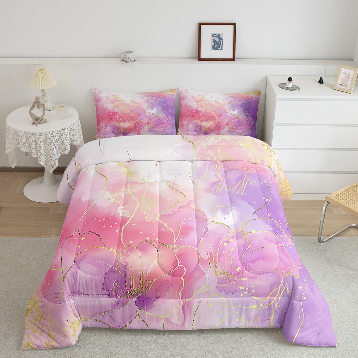 Pink Tie Dye Comforter Set, Marble Art Bedding For Boys Girls Teens Women, Glitter Marbling Printed Bedding Comforter Sets Paste