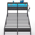 Seventable Bed Frame Queen Size With Charging Station, Led Bed With Upholstered Storage Headboard, Metal Platform Bed With Under Bed Storage, No Box Spring Needed, Noise Free, Easy Assembly, Grey