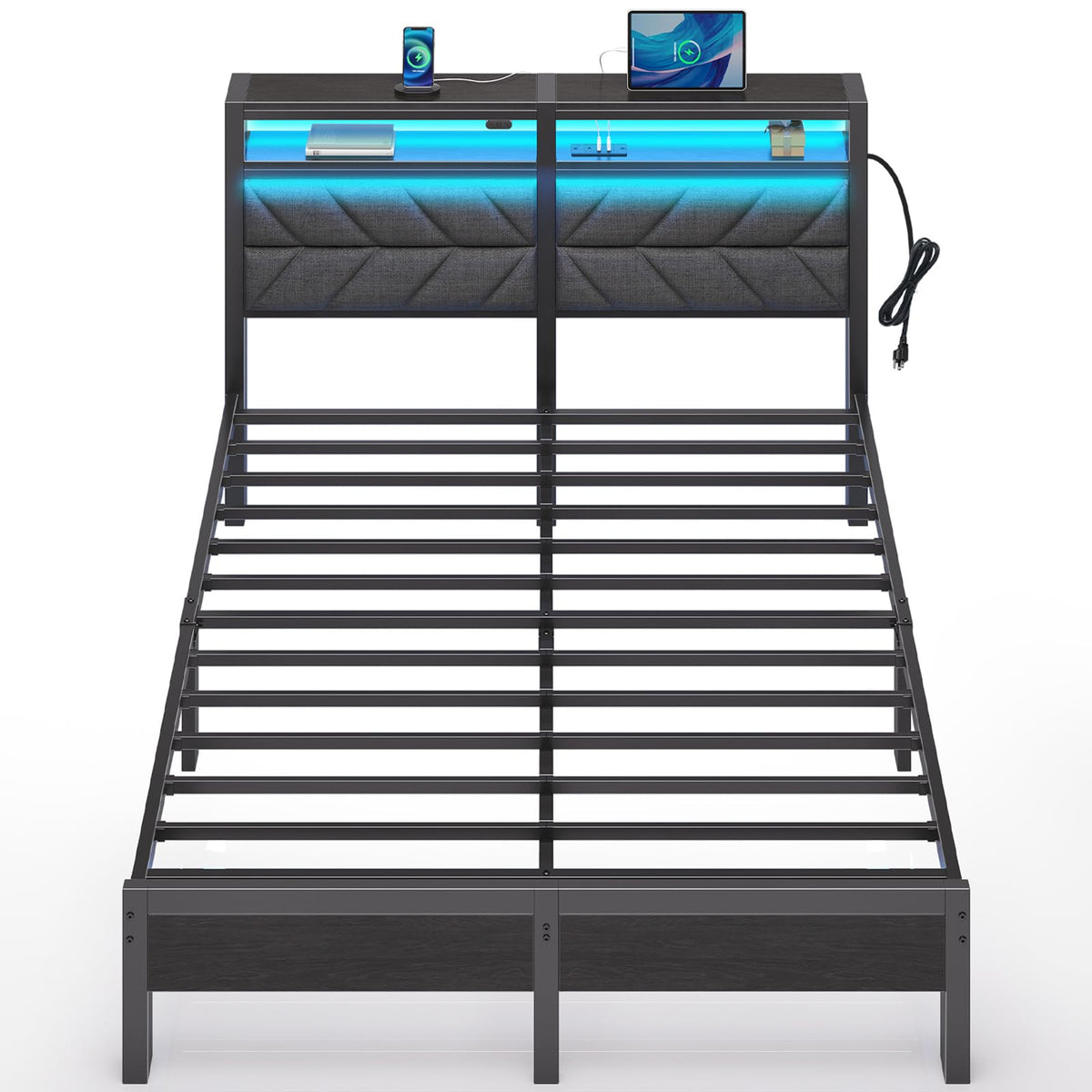 Seventable Bed Frame Full Size With Charging Station, Led Bed With Upholstered Storage Headboard, Metal Platform Bed With Under Bed Storage, No Box Spring Needed, Noise Free, Easy Assembly, Grey