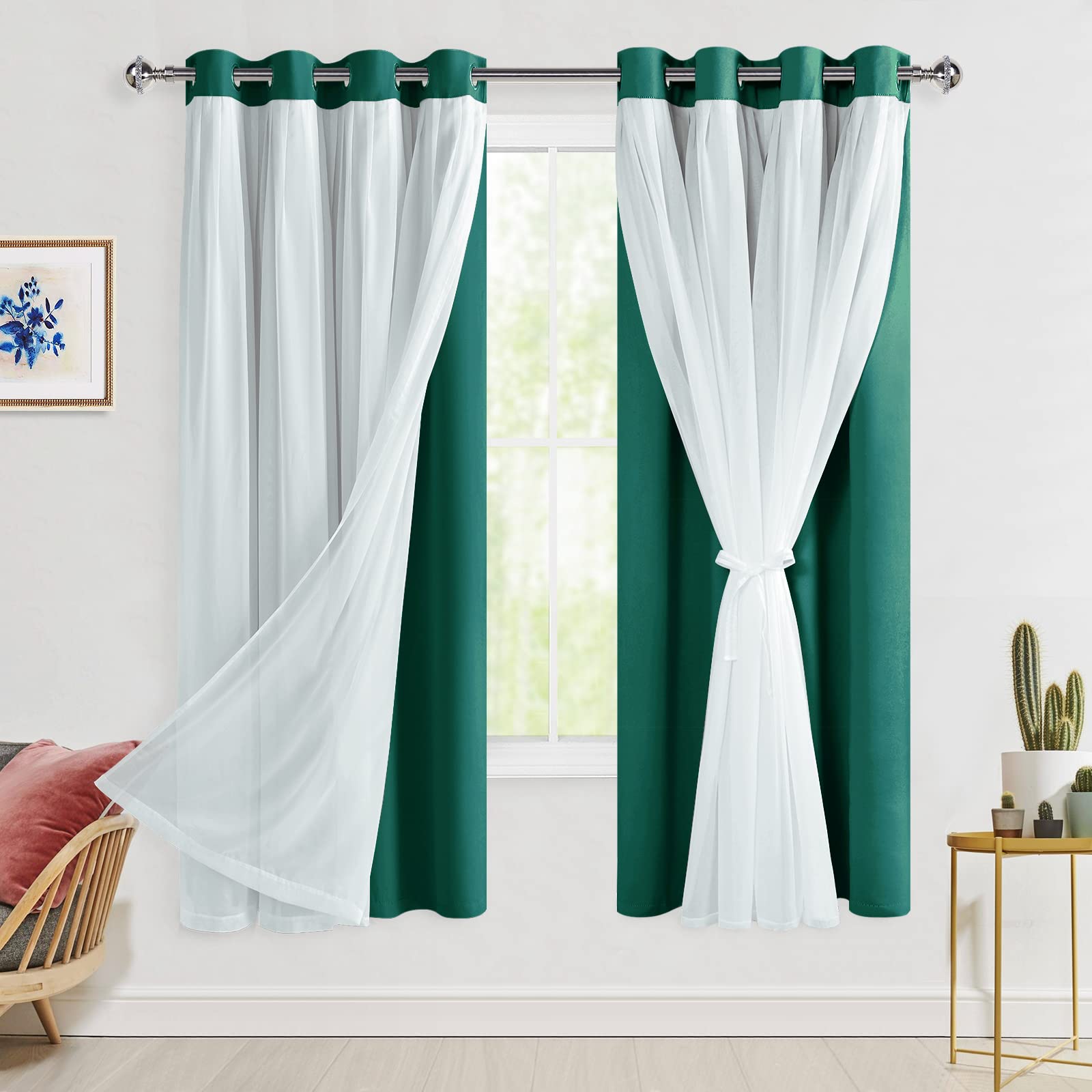 Hiasan Blackout Curtains with Sheer Overlay, Thermal Insulated Privacy Mix & Match Double Layer Window Curtains for Girls Bedroo