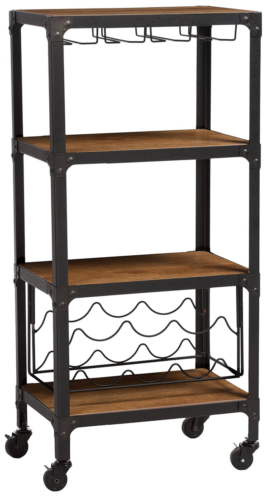 Baxton Studio Swanson Rustic Industrial Style Antique Black Textured Finish Metal Distressed Wood Mobile Kitchen Bar Wine Storage Shelf