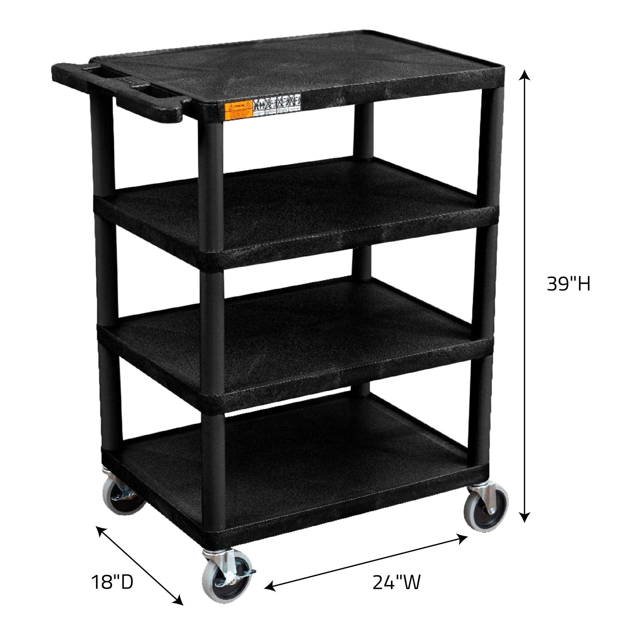 Luxor BC45-B 4 Flat Shelf Structural Foam Plastic Cart Black 24&quot;W x 18&quot;D x 39&quot;H