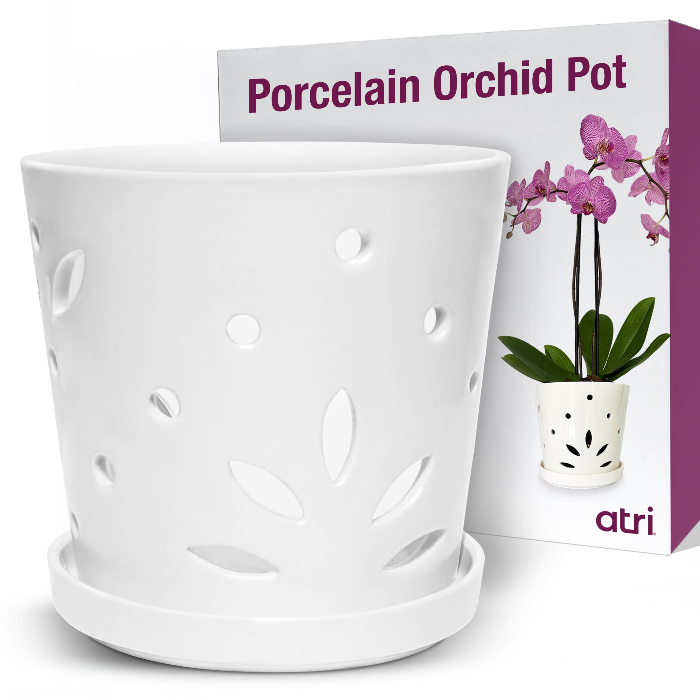 Atri Ceramic Orchid Pot With Holes - 5 Indoor Planter With Drainage Holes And Saucer For Repotting Orchids - Porcelain White Sma