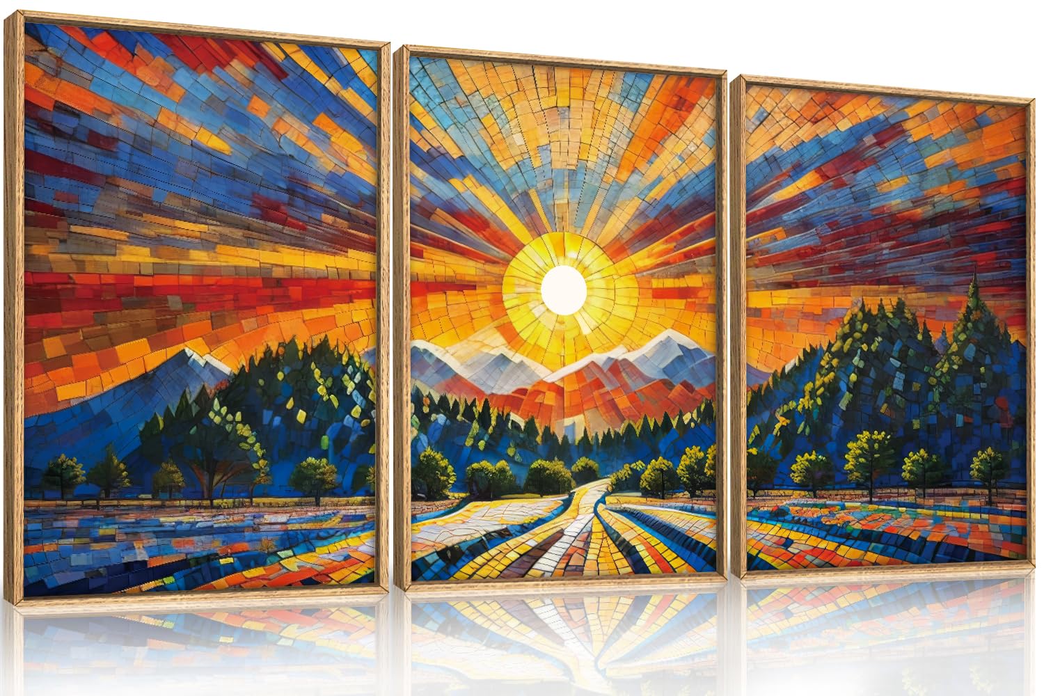 HOURIA Large Colorful Boho Mountain Framed Canvas Wall Art Set,Abstract Mountain Sun Wall Decor,Forest Nature Landscape Art Prin