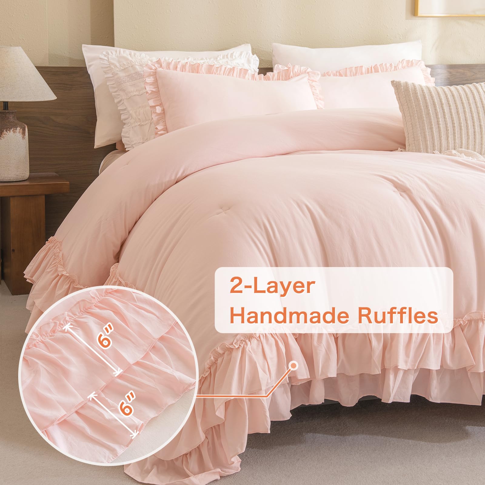 Masaca Shabby Ruffled King Comforter Set,Farmhouse Blush Pink Bedding Comforter Lightweight Ultra Soft Vintage French Country Mi