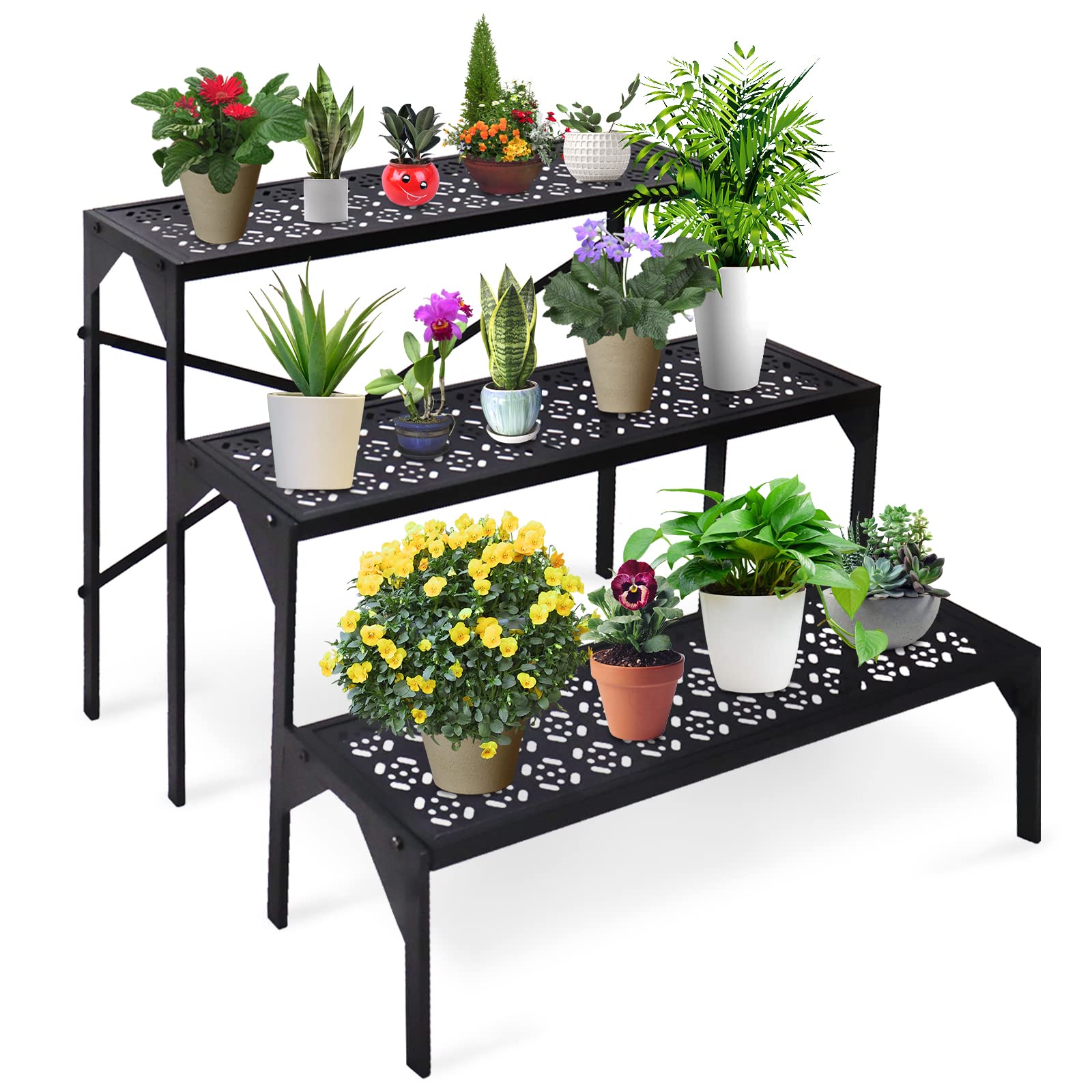 Aboxoo 3 Tiers Metal Plant Stand, Ladder Flower Pots Holders, 3 Tiers Step Plant Display Rack, Heavy Duty Utility Storage Organi