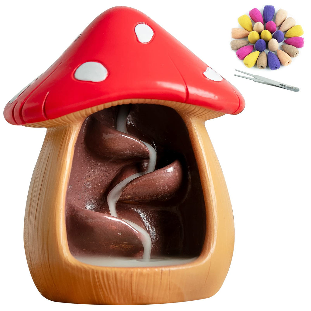 Cute Mushroom Incense Holder with 60 Incense Cones, Handmade Waterfall Backflow Incense Burner, Nature Theme Incense Burner, Ado