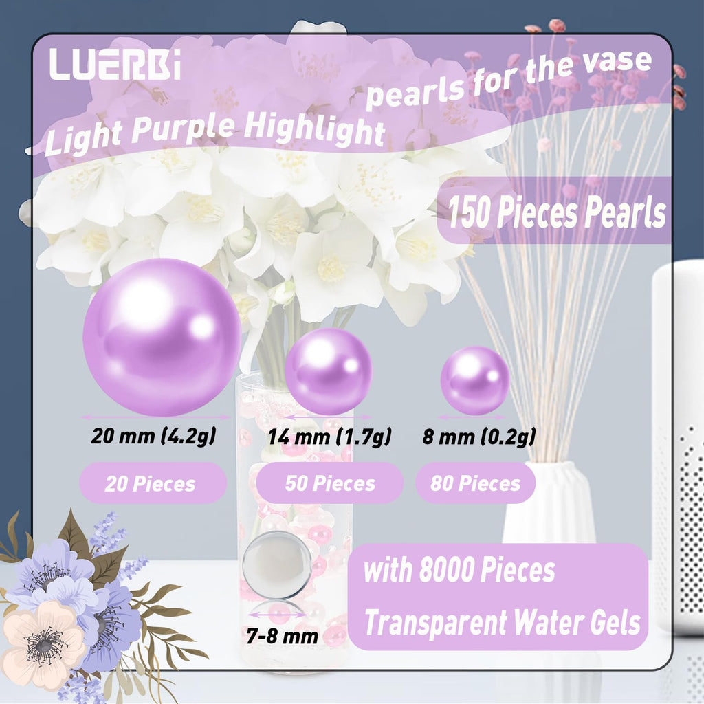Light Purple Floating Pearls | 150Pcs Light Purple Pearls Bead For Centerpieces Vases, Light Purple No Hole Beads | 8/14/20 Mm F