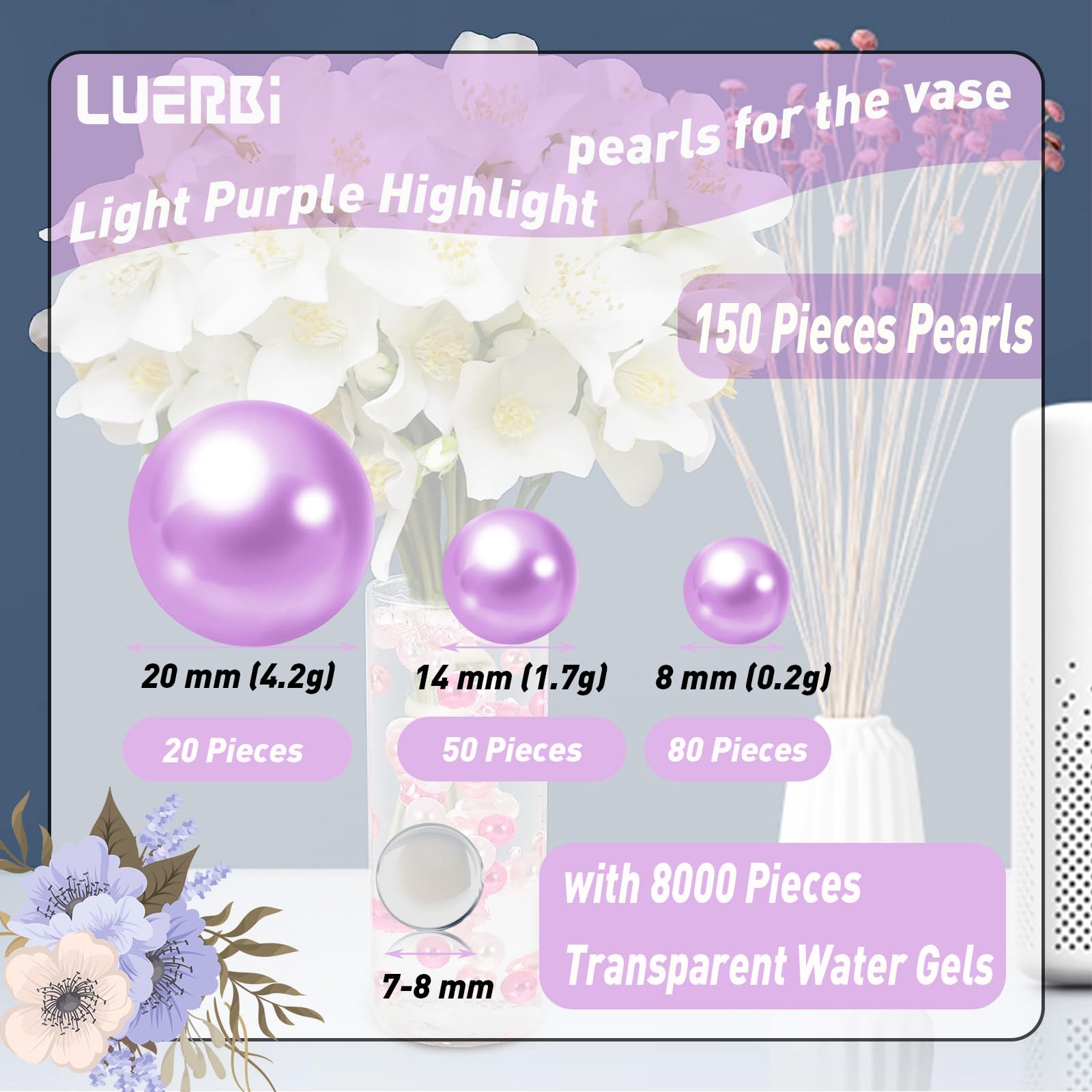 Light Purple Floating Pearls | 150Pcs Light Purple Pearls Bead For Centerpieces Vases, Light Purple No Hole Beads | 8/14/20 Mm F