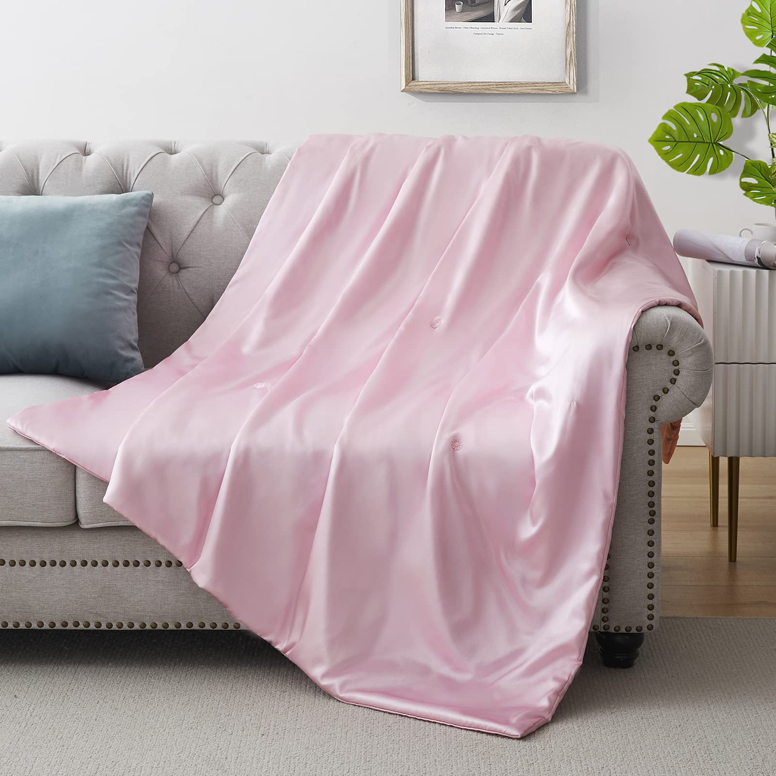 Silk Throw Blanket - Pink Cooling Packable Satin Blanket For Couch, Bed, Camping, Outdoor, Travel, Car - Super Soft Lightweight
