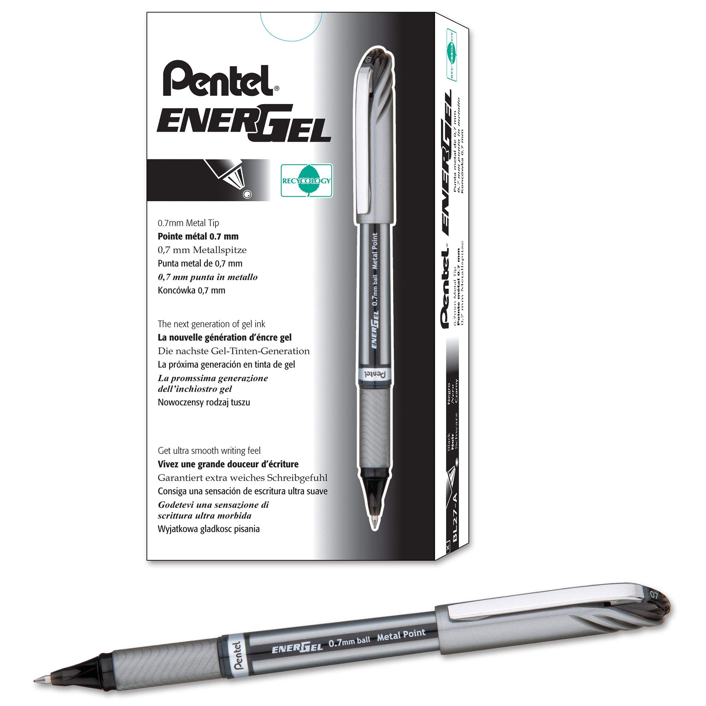 Pentel Ener-Gel Nv Liquid Gel Pen, 0.7Mm, Medium Line Capped, Metal Tip, Black Ink, Box Of 12 (Bl27-A)(Pack Of 48, 576 Count Tot