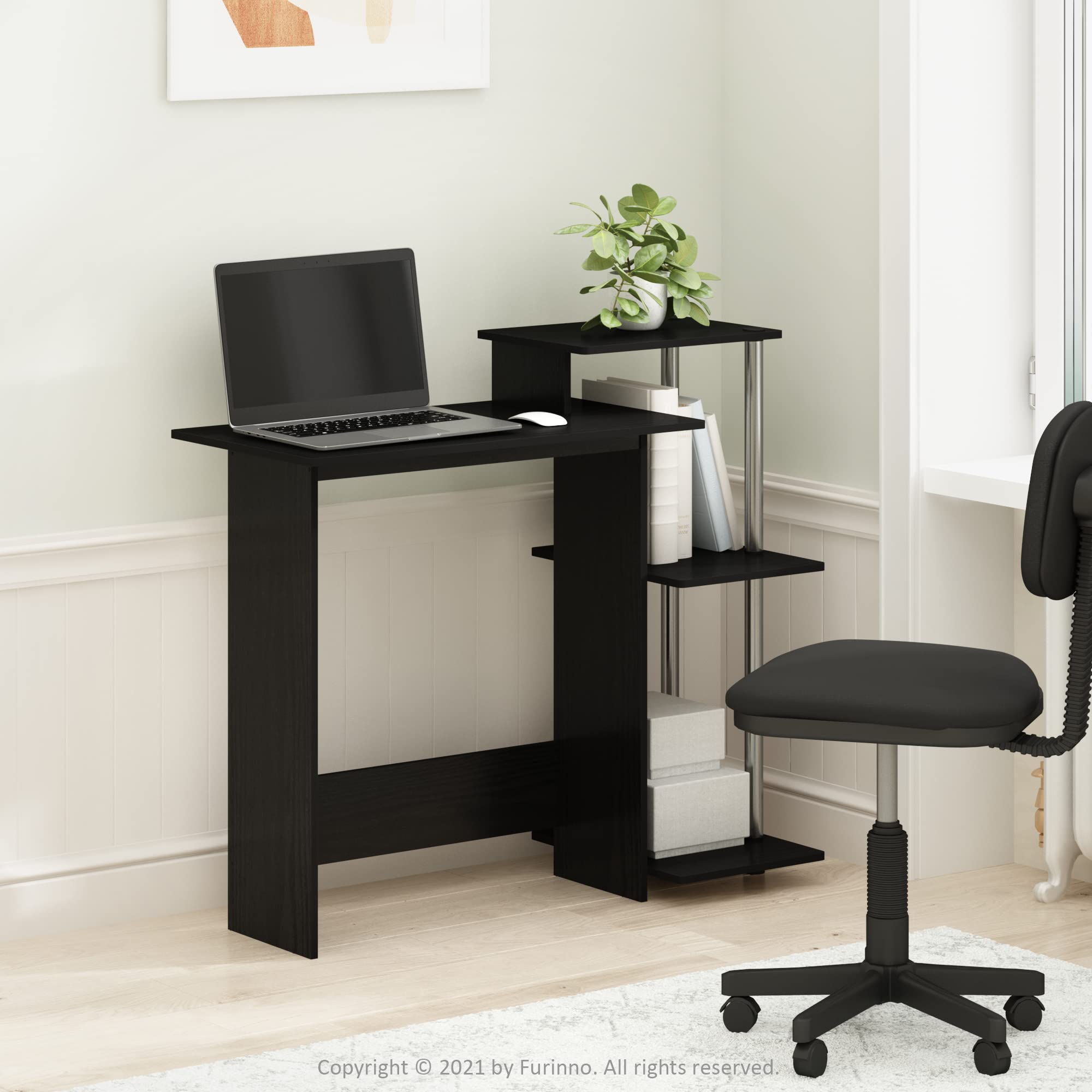 Furinno Efficient Home Laptop Notebook Computer Desk with Square Shelves, Side, Americano/Chrome