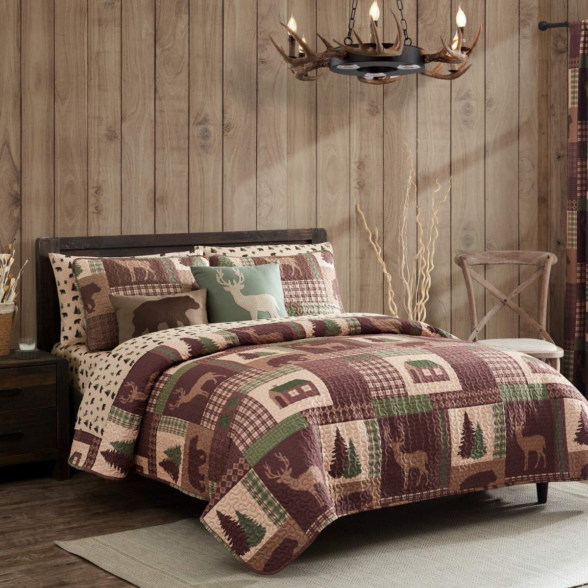 How Plumb Aubrie Home Accents Cozy Cabin 3-Piece Full/Queen Quilt Bedding Set With Pillow Sham Rustic Patchwork Plaid Deer Cover