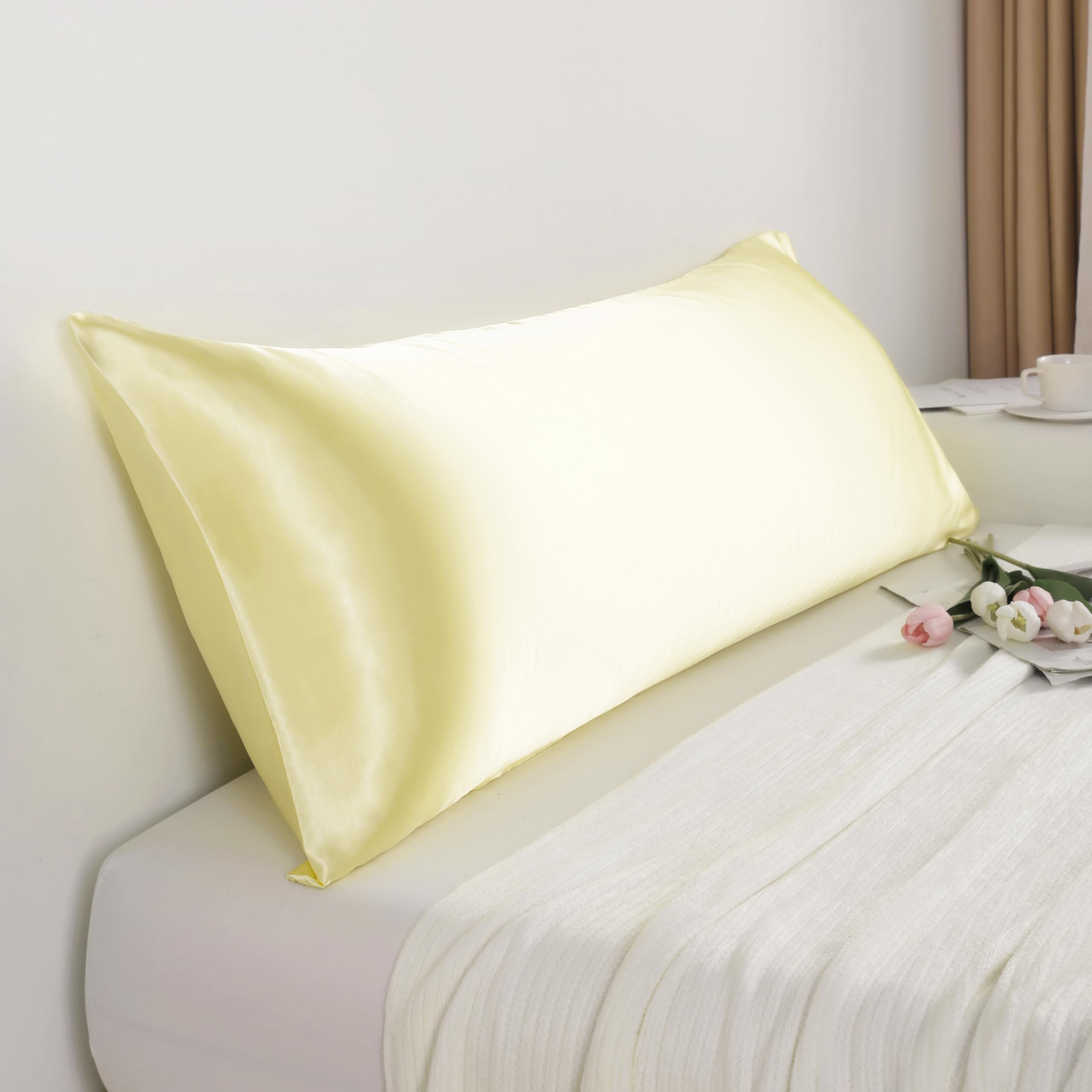 Ntbay Satin Body Pillowcase For Hair And Skin, Luxurious And Silky Pillow Case With Envelope Closure, 20X54 Inches, Light Yellow