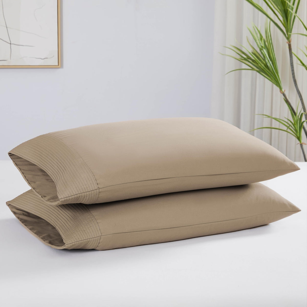 Southshore Fine Living, Inc. Pleated Taupe Pillow Cases Standard Size Set Of 2, Luxurious Brushed Microfiber Pillowcases For Ful