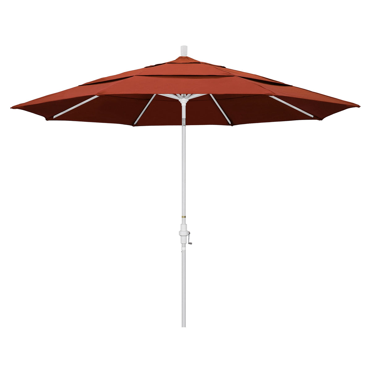 California Umbrella 11' Round Aluminum Market Umbrella, Crank Lift, Collar Tilt, White Pole, Sunbrella Terracotta