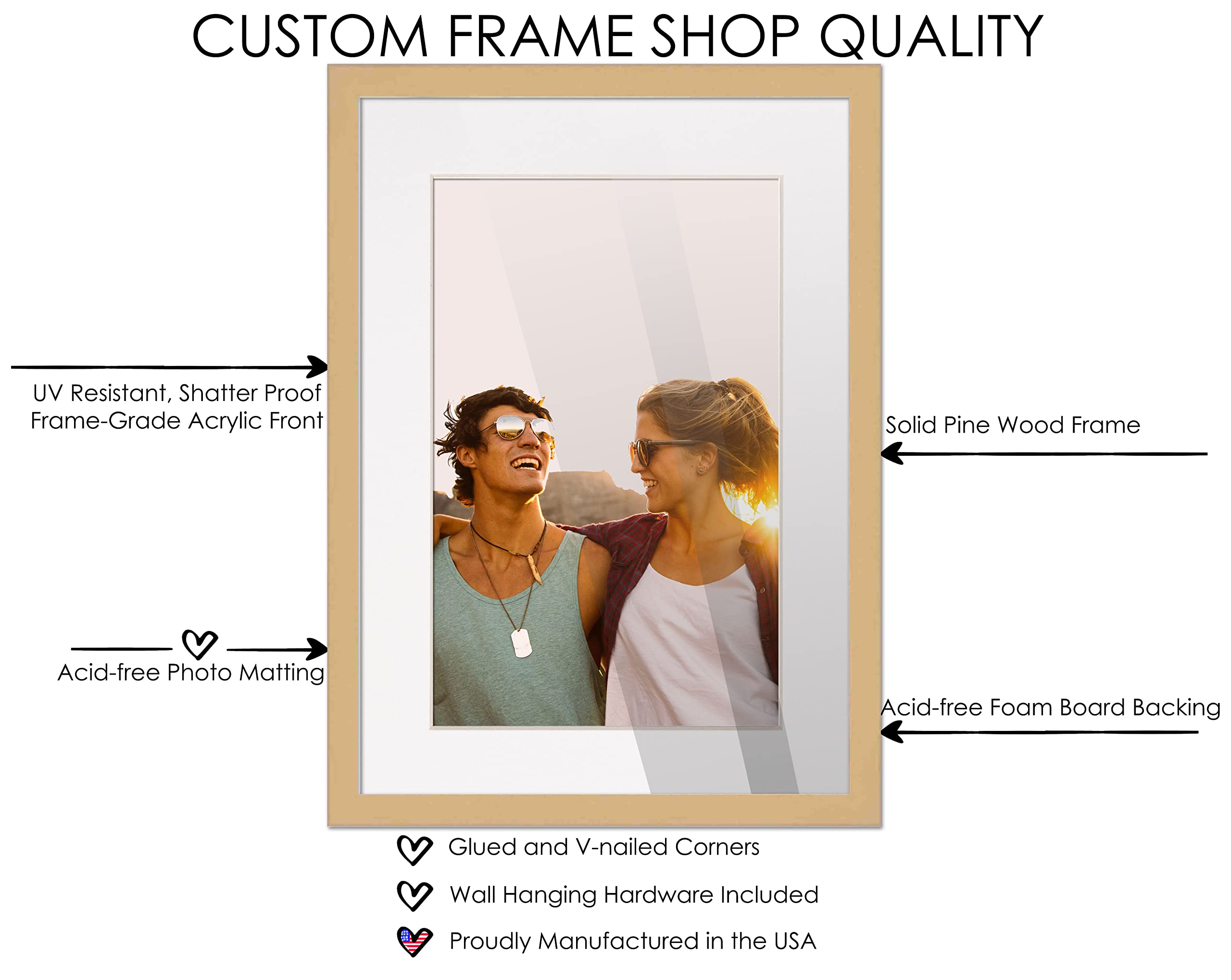 10X15 Frame Natural Wood With White Mat | 12X17 Frame Matted To 10X15 | Display Your Photo Under Uv Acrylic Shatter Guard Front,