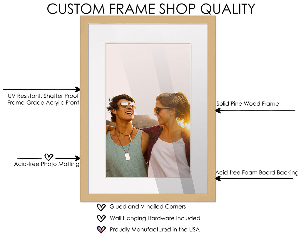 24X36 Natural Wood With White Mat | 28X40 Frame Matted To 24X36 | Display Your Print Under Uv Acrylic Shatter Guard Front, With