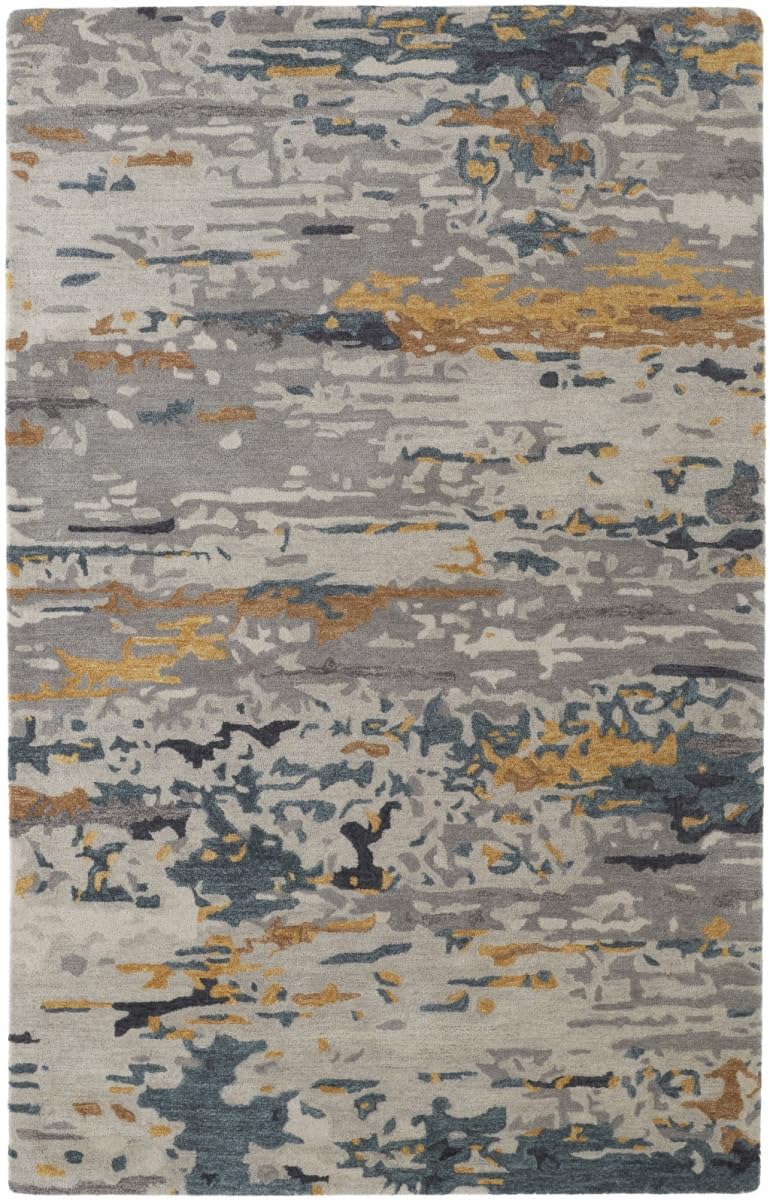 HomeRoots 513615 5 x 8 ft. Gray Yellow & Blue Wool Abstract Hand Tufted Handmade Stain Resistant Rectangle Area Rug