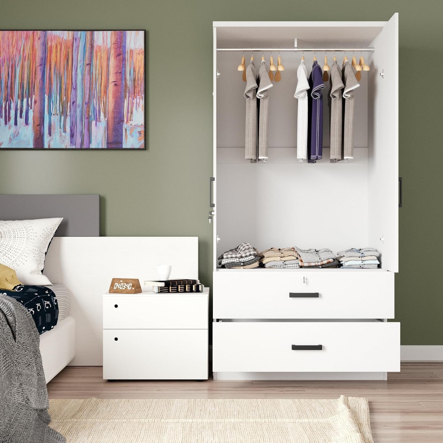 Woodpeckers Furniture And Mattress Mirrored 2 Doors Wardrobe & 2 Drawers 72&quot; Tall (White)