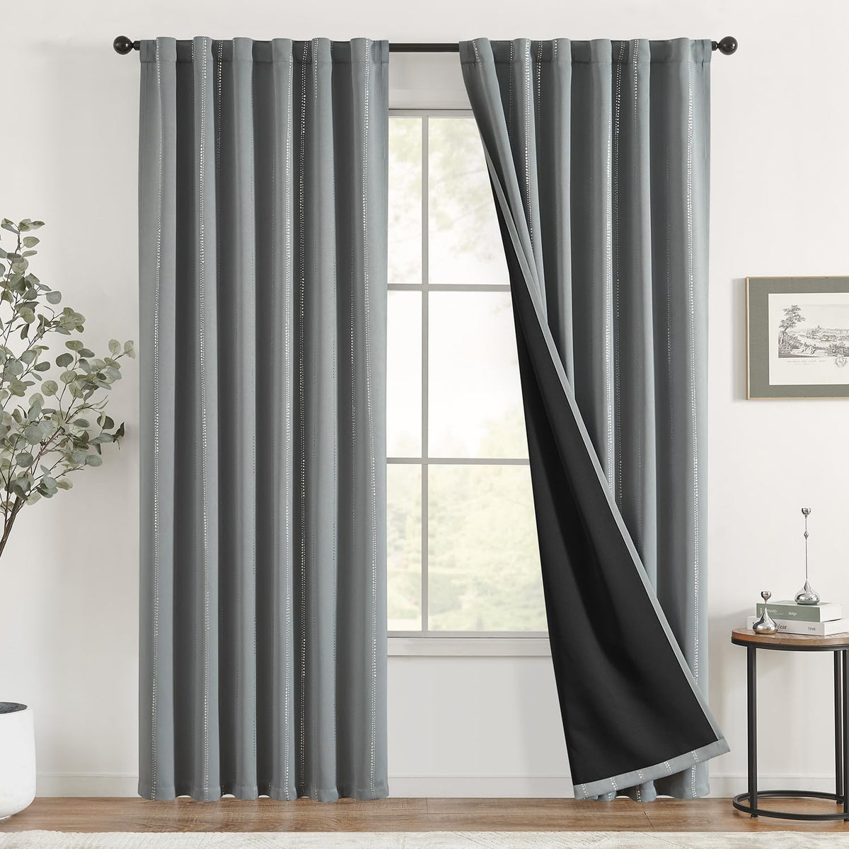 Jinchan Boho Blackout Curtains For Bedroom, Silver Foil Striped Patterned Grey Curtains 84 Inches Long Back Tab Room Darkening T