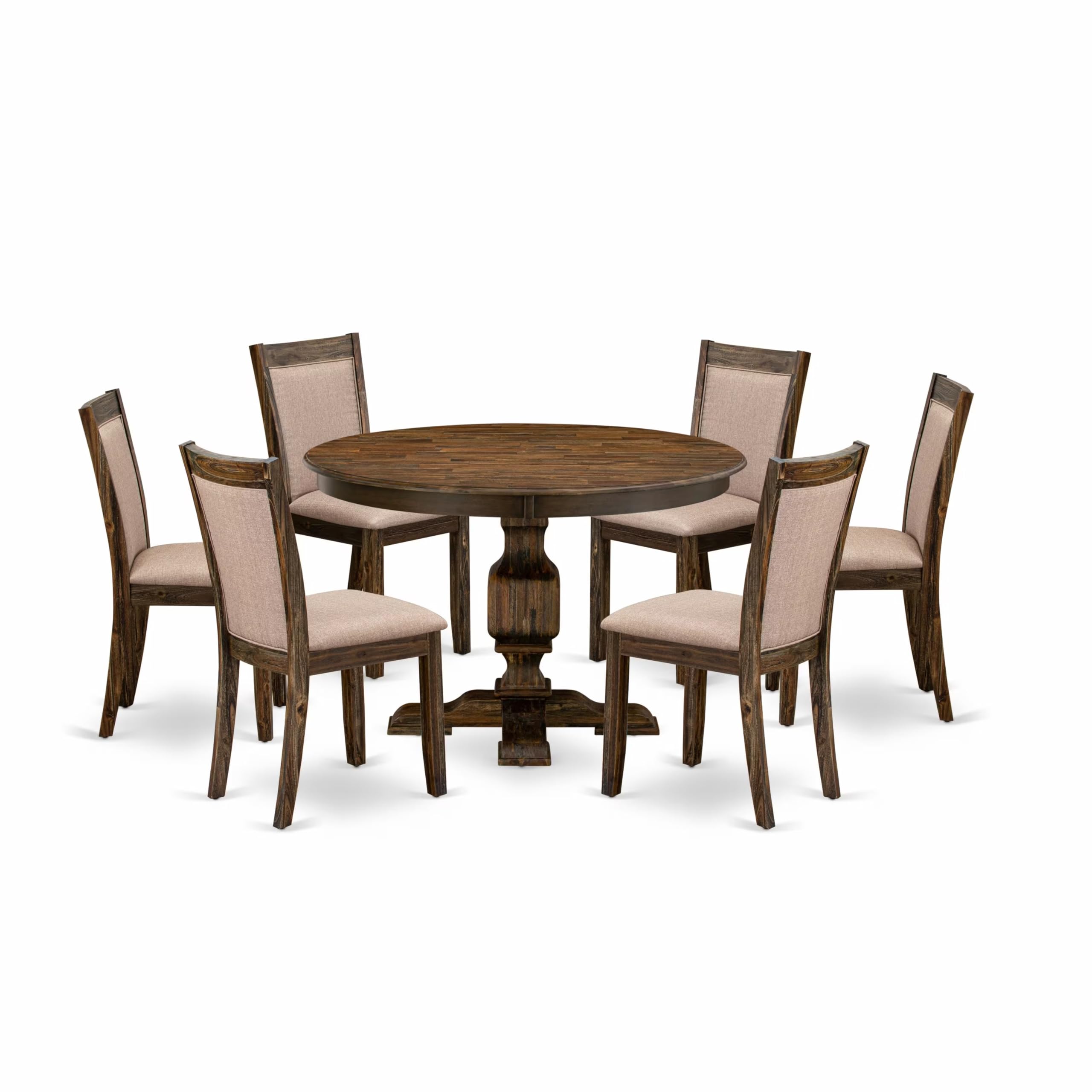 East West Furniture F3MZ7-716 7 Piece Dining Set Consist of a Round Dining Room Table with Pedestal and 6 Dark Khaki Linen Fabric Upholstered Parson Chairs, 48x48 Inch, Distressed Jacobean