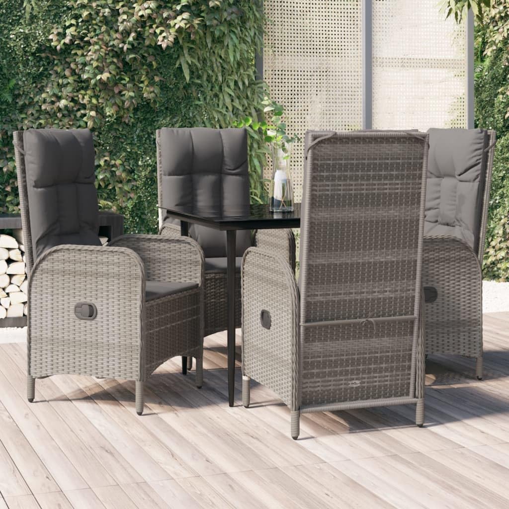 vidaXL 5 Piece Patio Dining Set - Reclining Garden Chairs and Cushions, Black/Gray Poly Rattan with Tempered Glass Tabletop, Weather Resistant