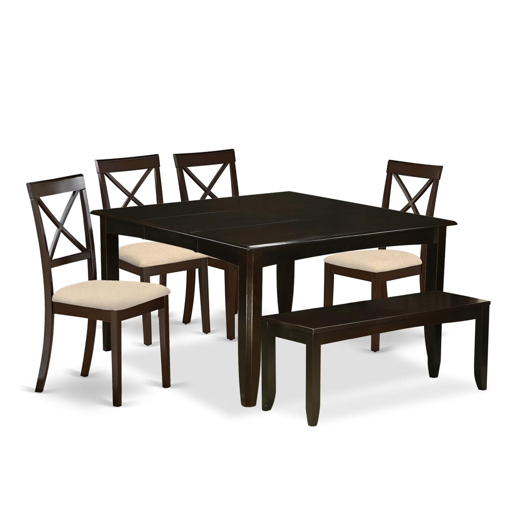 East West Furniture PFBO6-CAP-C 6 Piece Kitchen Table Set Contains a Square Dining Table with Butterfly Leaf and 4 Linen Fabric Dining Chairs with a Bench, 54x54 Inch, Cappuccino