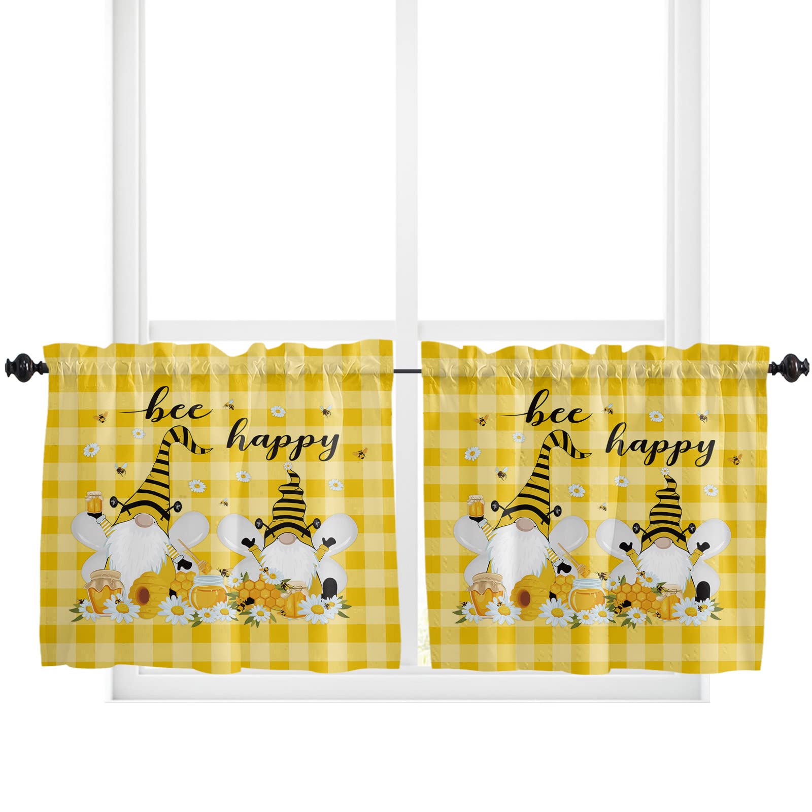 Bee Gnome Tier Curtains 36 Inch Length, Happy Bee Honey Daisy Flower On Yellow White Buffalo Plaid Rod Pocket Curtains Set Of 2