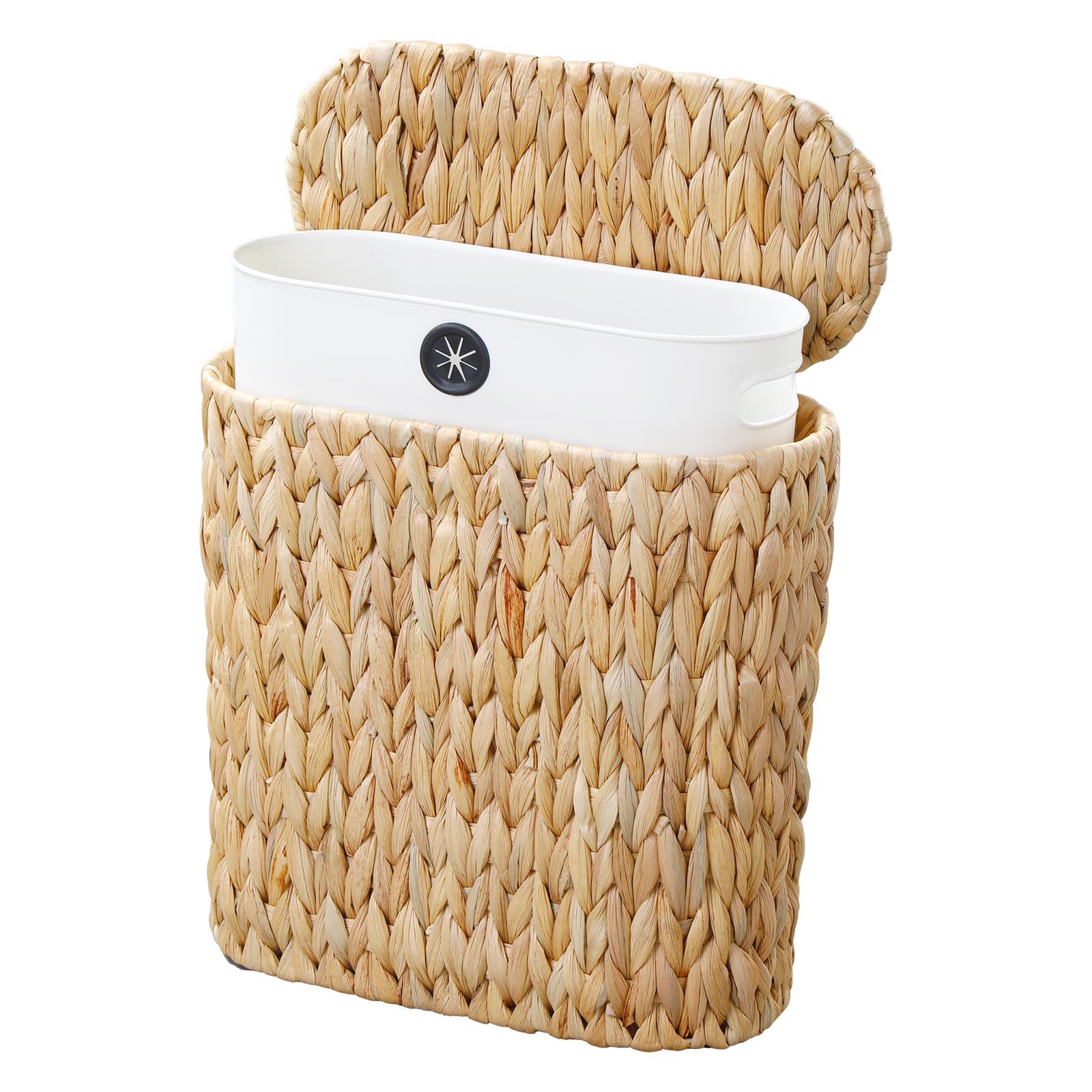 Coeusy Wicker Bathroom Trash Can with Lid,Narrow Rattan Waste Basket with Removable Liner Bucket,Slim Woven Water Hyacinth Garba