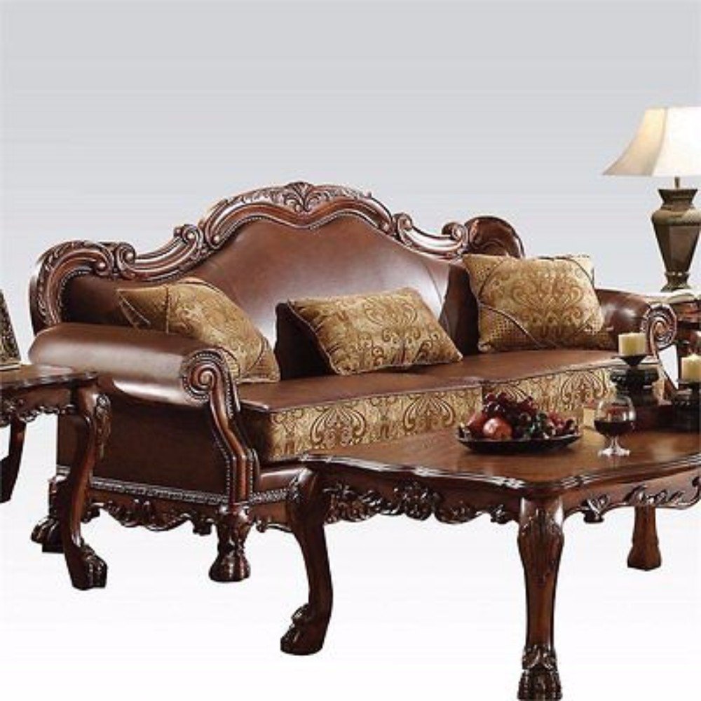 Benjara Carved Scalloped Fabric Sofa And 3 Pillows With Claw Legs, Brown