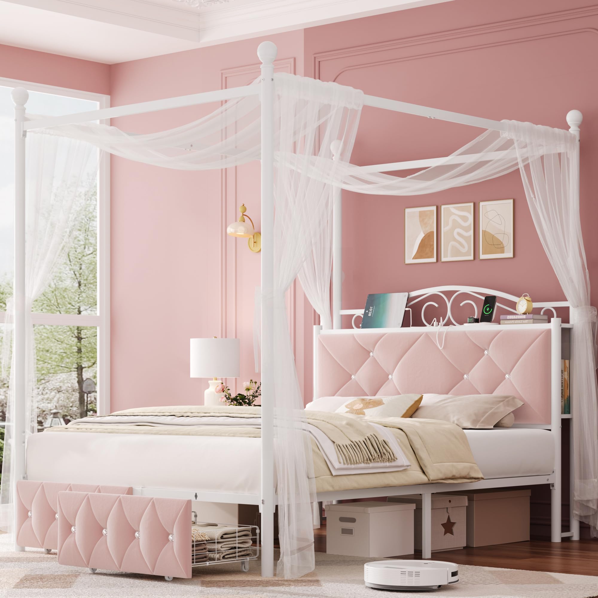 Queen Upholstered Canopy Bed Frame with 2 Drawers & Crystal Tufted Storage Headboard Two-Purpose Metal Platform Bed with 4 Remov