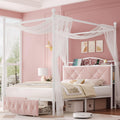 Full Upholstered Canopy Bed Frame with 2 Drawers & Crystal Tufted Storage Headboard Two-Purpose Metal Platform Bed with 4 Remova