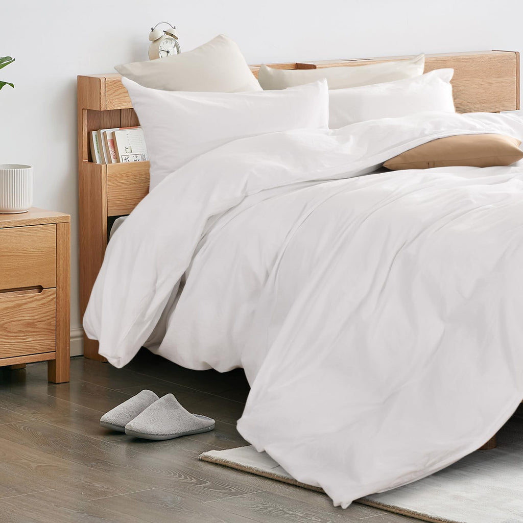Nexhome Pro Duvet Cover Set 100% Washed Cotton Oversized King 120'X98' Linen Feel Textured Organic Natural 3 Pieces Bedding Set With Zipper Closure And Corner Ties, Breathable(White, No Comforter)