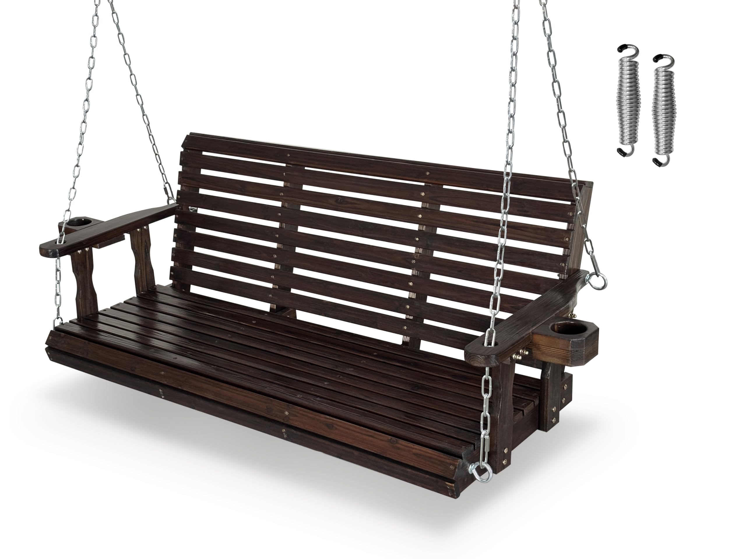 Fortune Candy Wooden Porch Swing 3-Seater, High Backrest and Deep Seat, Bench Swing with Cupholders, Hanging Chains and 7mm Spri
