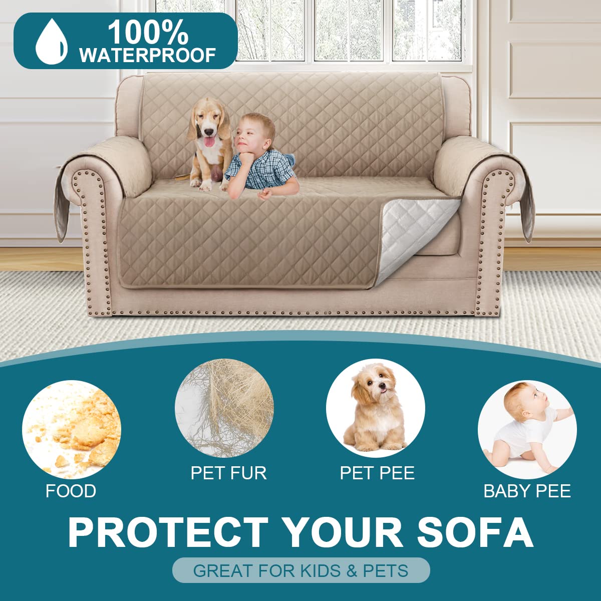 Turquoize 100% Waterproof Couch Cover Sofa Covers For 2 Cushion Couch Loveseat Covers Triple Non-Slip Couch Cover For Dogs Washa