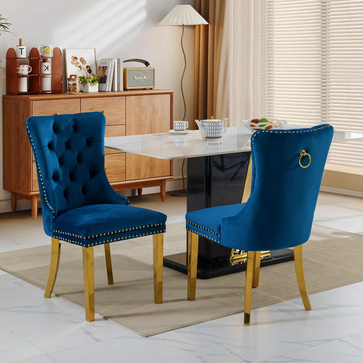 Soarflash Velvet Dining Chairs Set Of 2, Tall Back Side Chair, Modern Upholstered Side Chair With Button Back Ring, Gold Plated