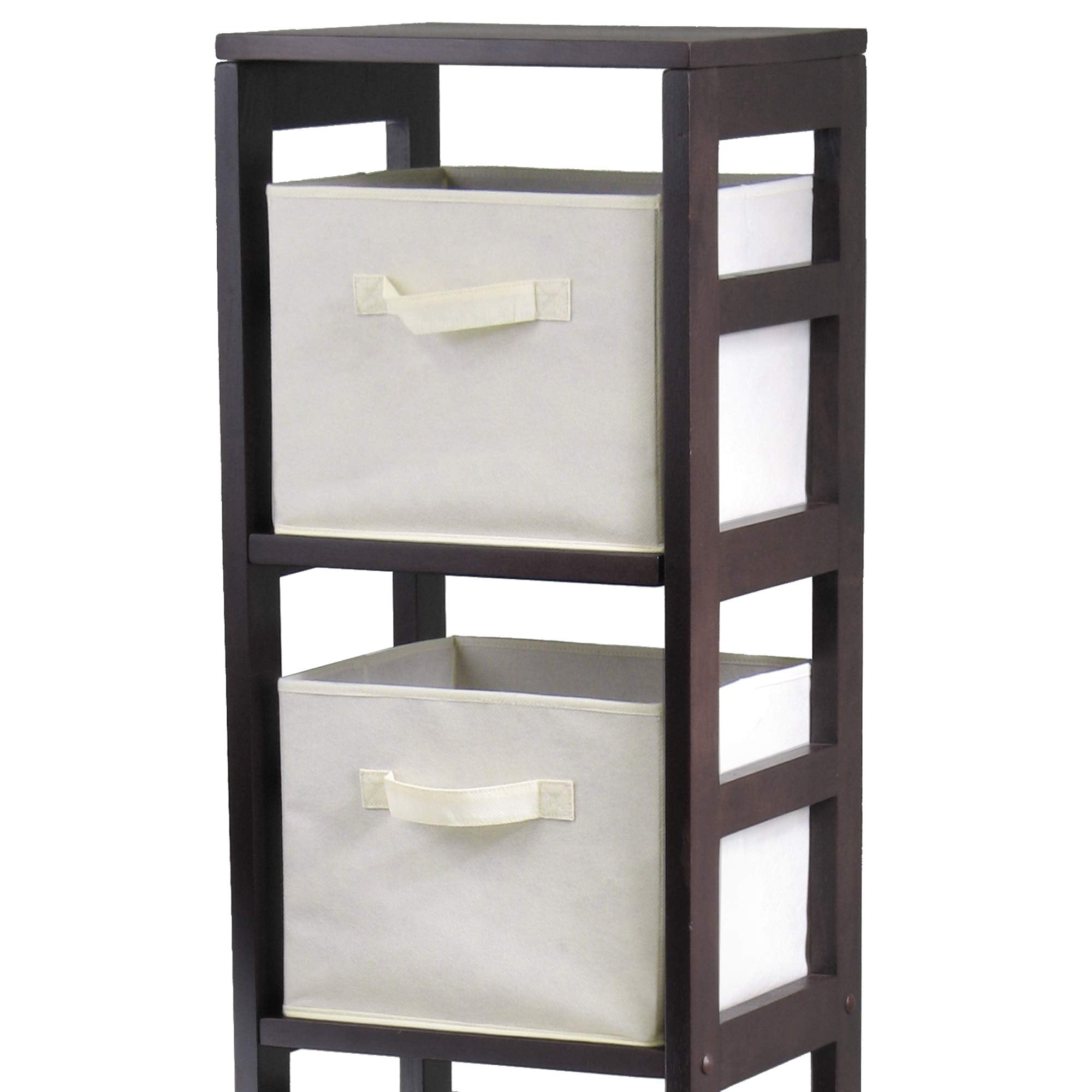 Winsome Wood Capri Wood 4 Section Storage Shelf with 4 Beige Fabric Foldable Baskets