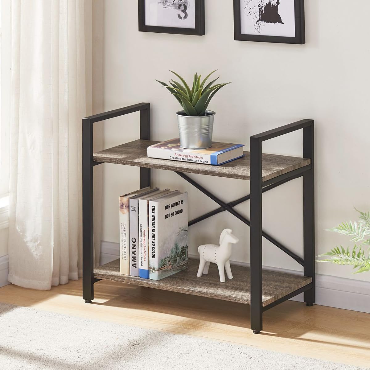 Bon Augure Small Bookshelf For Small Space, 2 Tier Shelf Floor Bookcase For Storage, Industrial Short Low Wood Metal Book Shelves For Bedroom, Office, Living Room, Classroom(Dark Gray Oak)