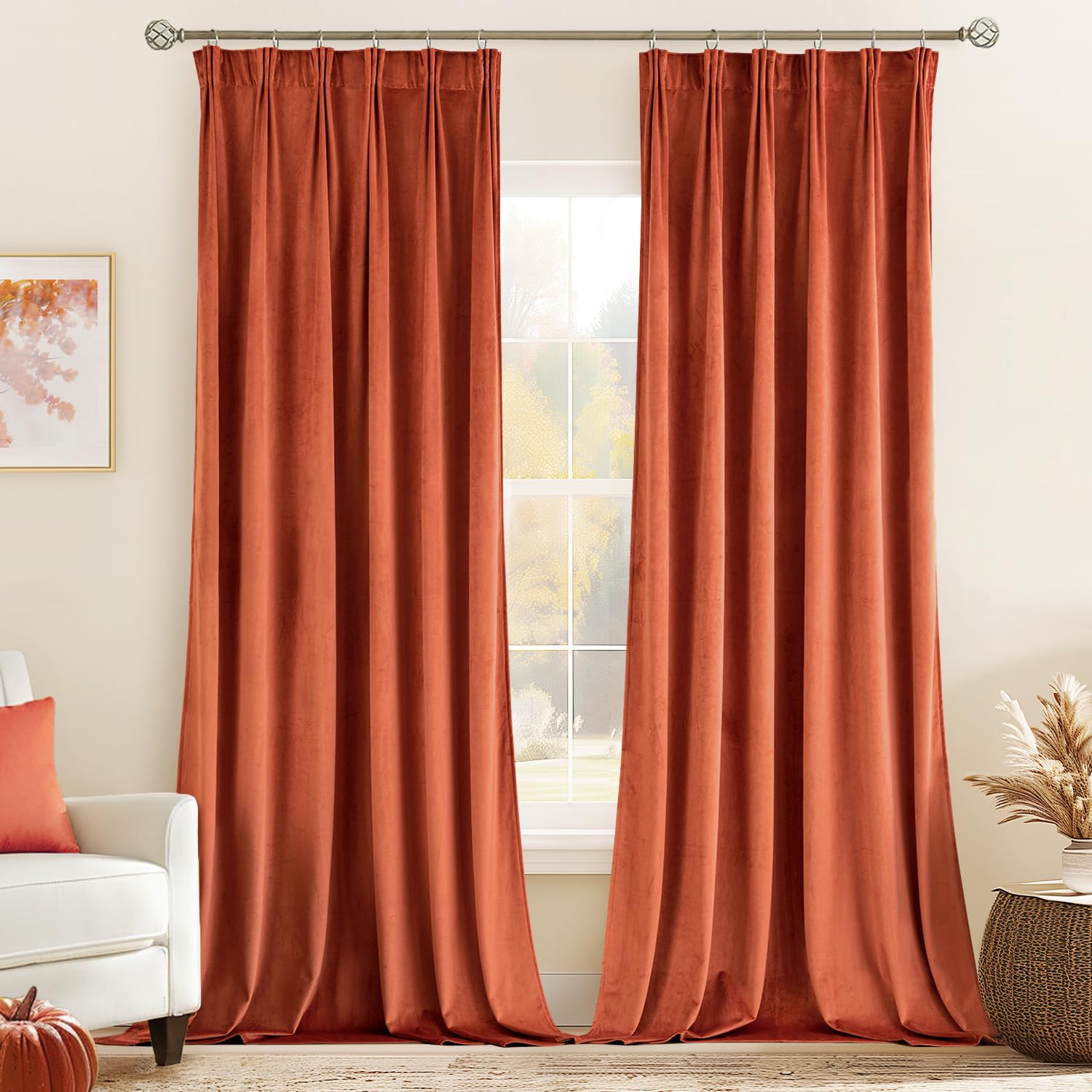 MIULEE Burnt Orange Velvet Curtains 90 Inches Long 2 Panels- Back Tab & Rod Pocket & Pleated Fall Rust Terracotta Window Curtain