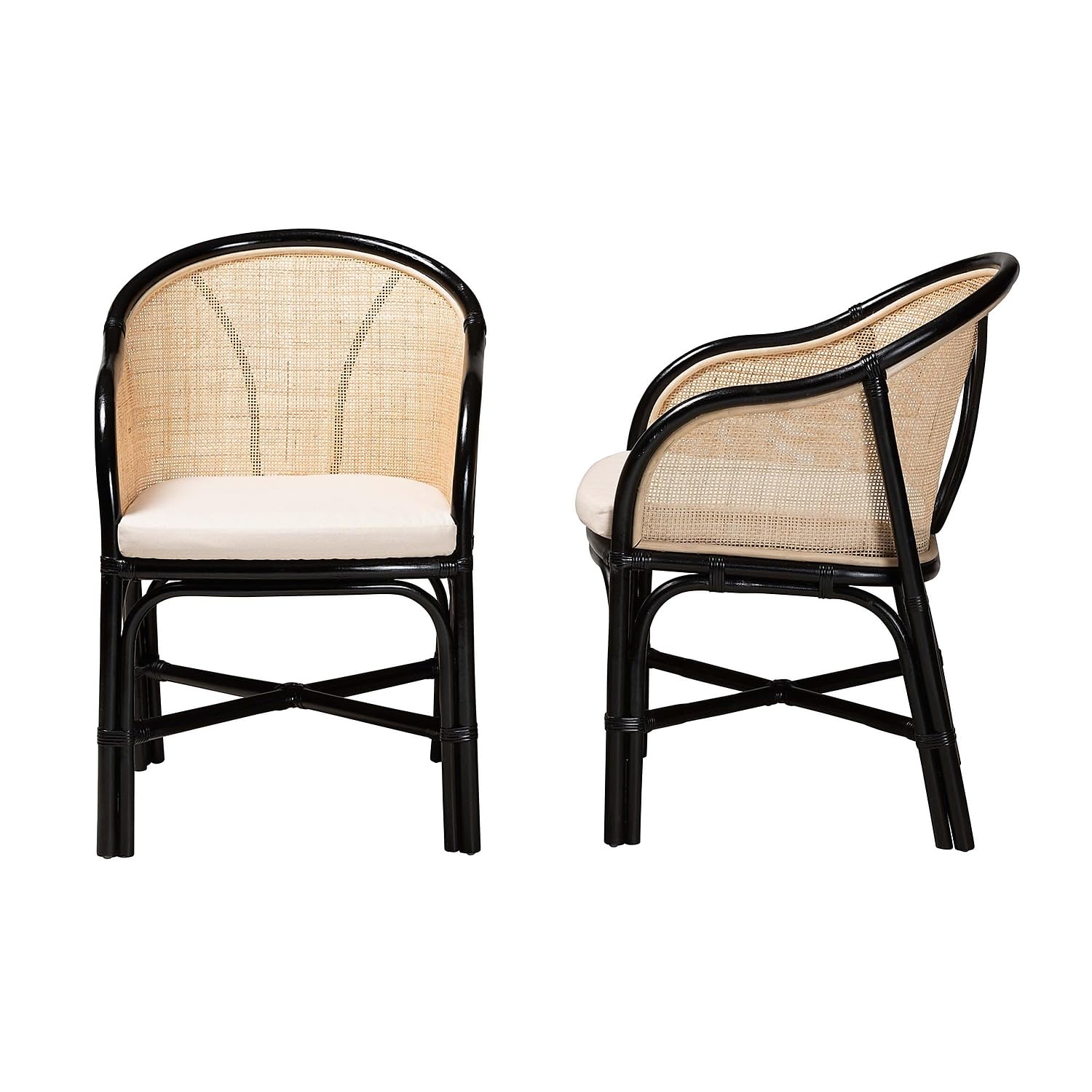 Baxton Studio Miranda Bohemian Rattan Dining Chair, White/Natural Brown/Black, 2/Set (233-2P-13232-HT)