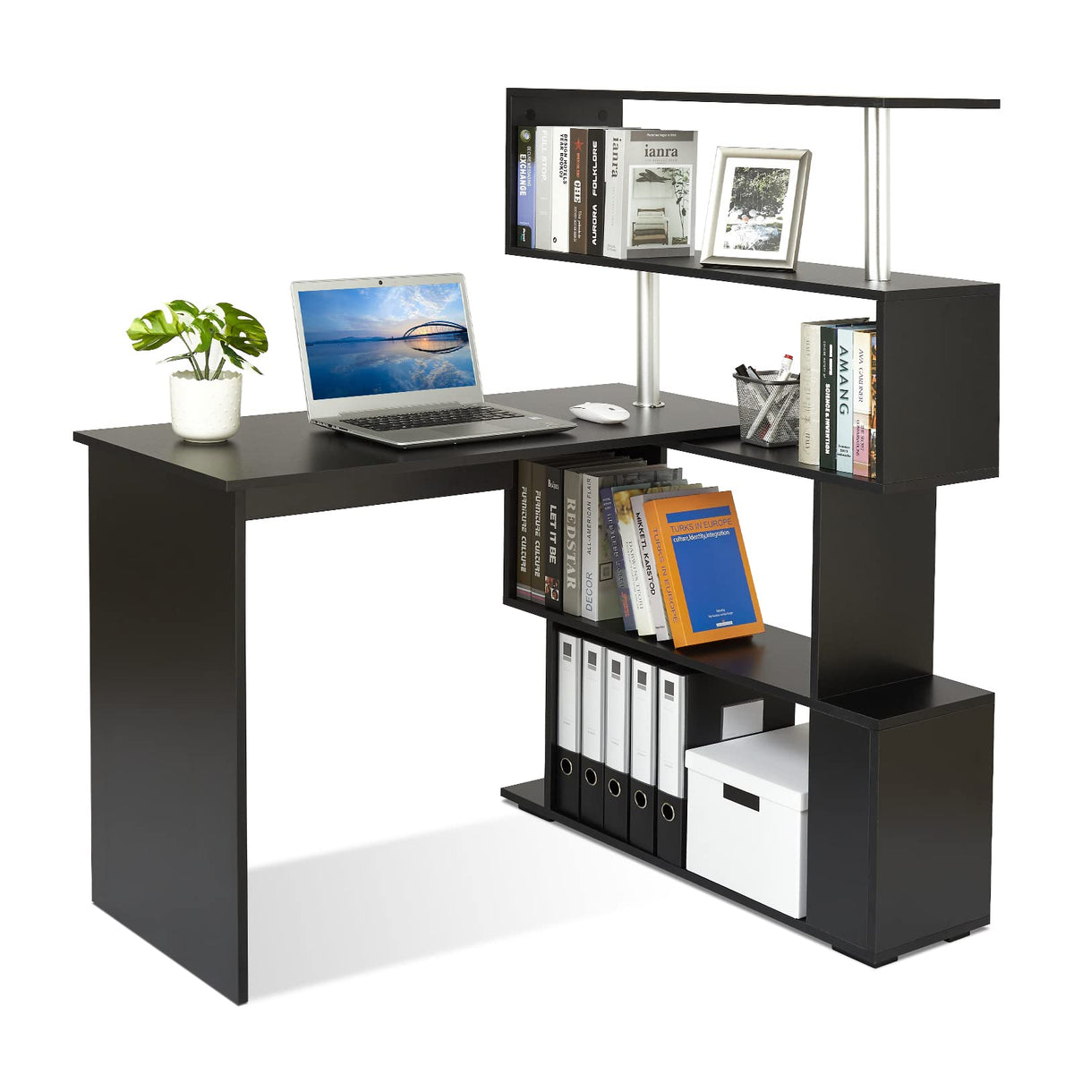 Mondeer 41.7' L Shaped Desk With 4-Tier Storage Shelves, Computer Corner Desk For Study Home Office Living Room (Black)