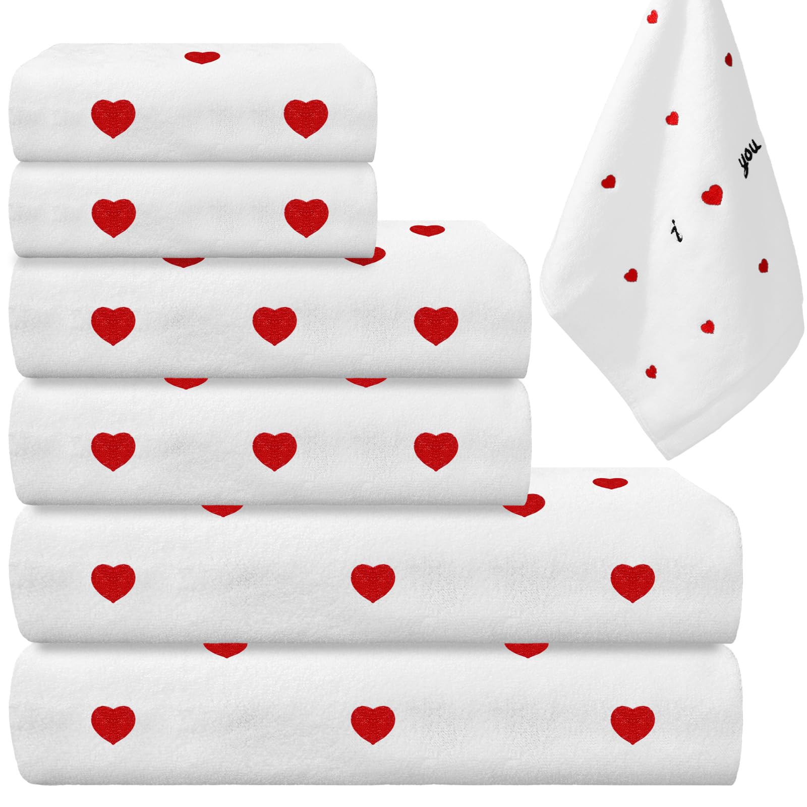 JarThenaAMCS 6Pcs Valentine  s Day Bath Towels Set Includes 2 Heart Embroidered Cotton Hand Towels 2 Decorative Bath Towel 2 Wa