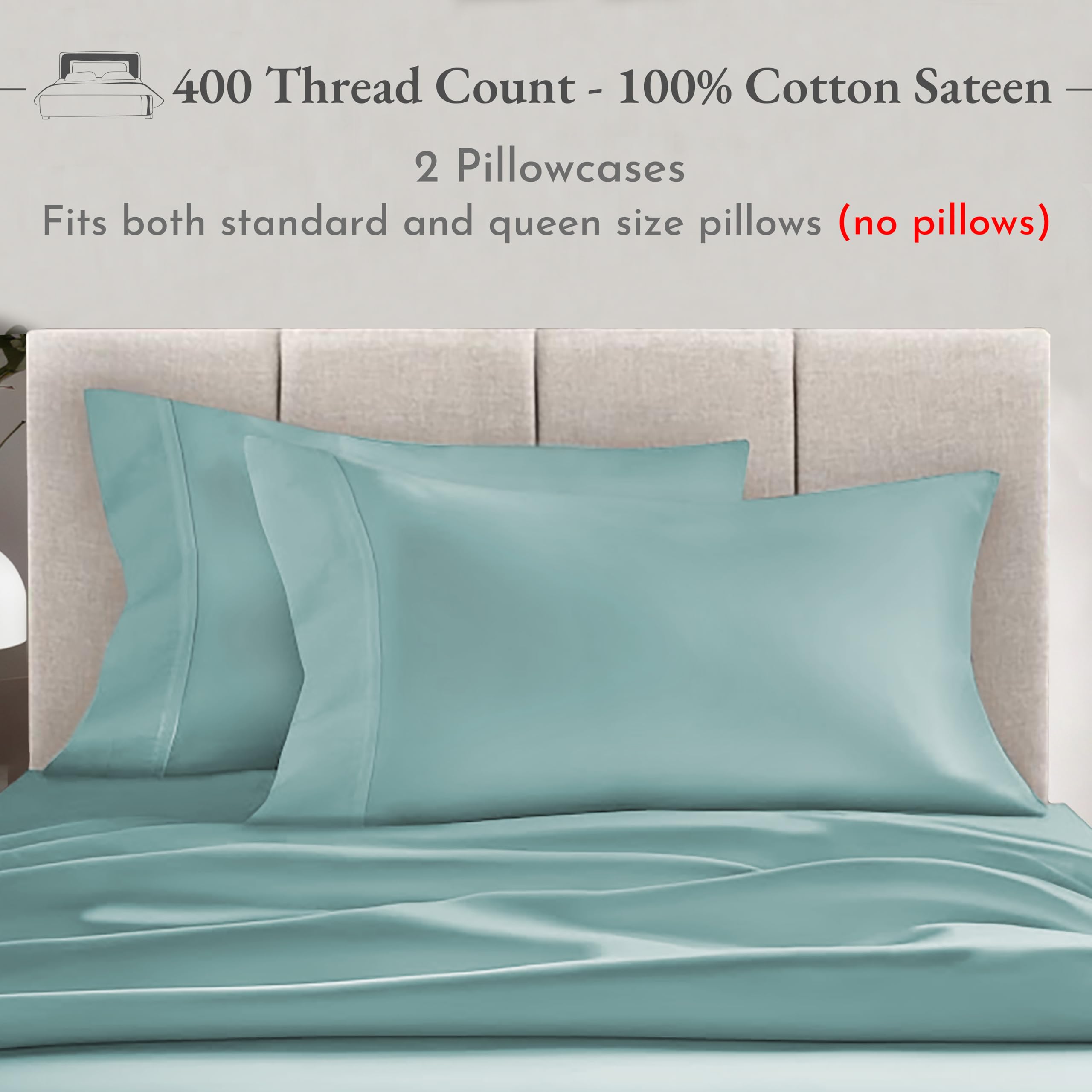 Standard Queen Size Pillowcase Set - 400 Thread Count, 100% Cotton Sateen, Set Of 2 Pillow Covers, Breathable, Cooling, Extra Soft Pillowcases For Kids, Teens, Women & Men - Teal