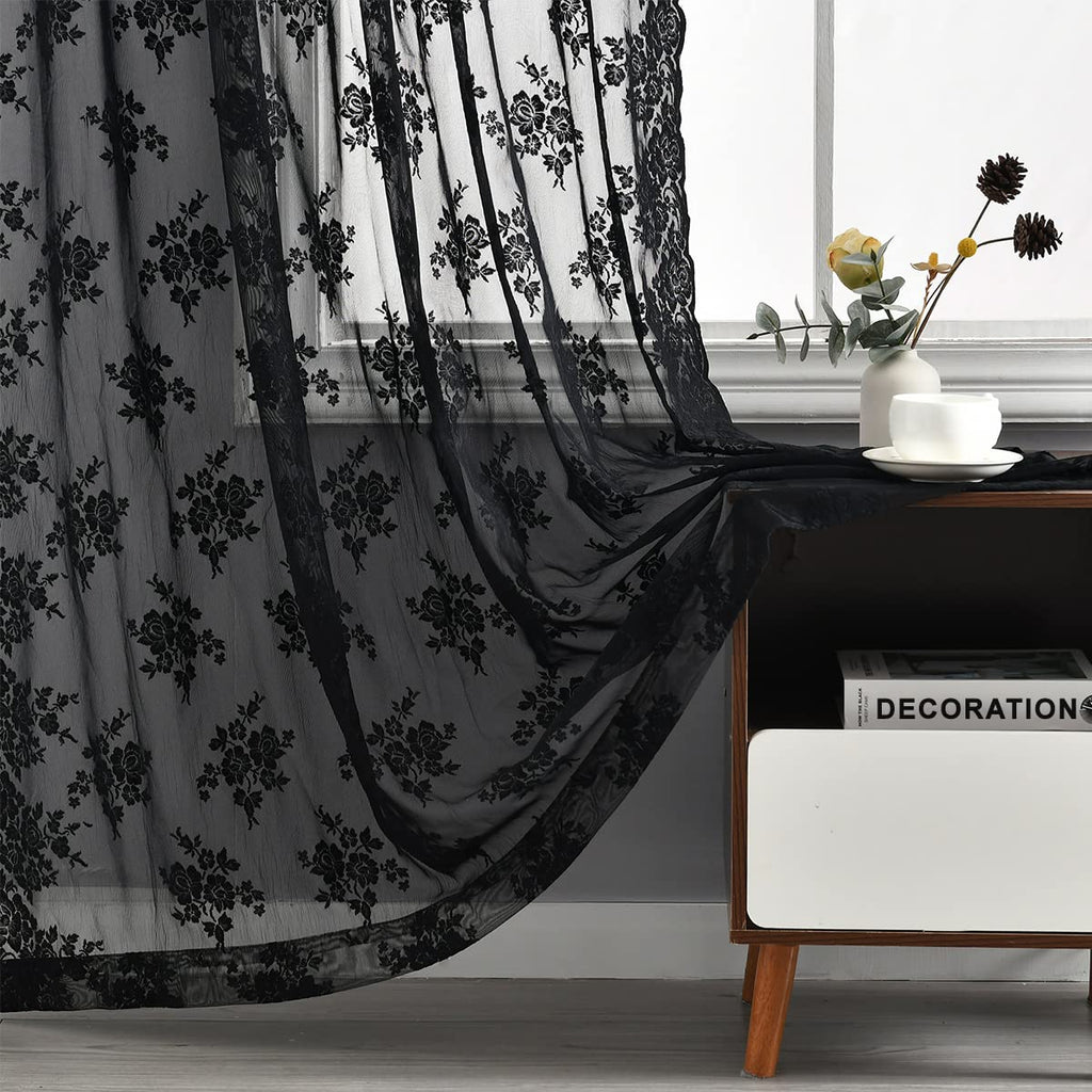 Kotile Black Lace Curtains 90 Inches Long For Living Room, 2 Panels Rustic Floral Vintage Gothic Black Sheer Curtains Halloween