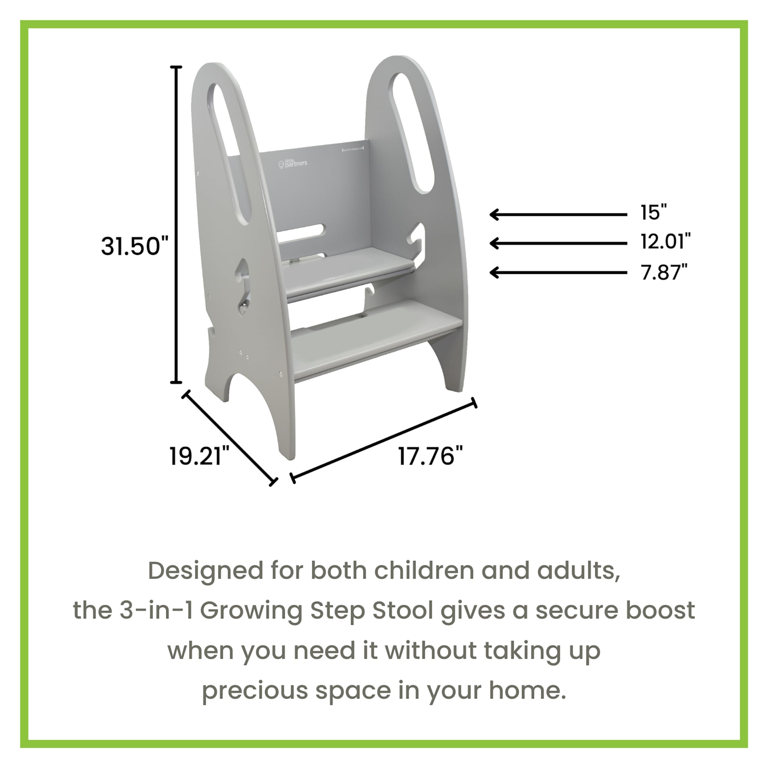Little Partners 3-In-1 Growing Step Stool Toddler Tower Helper, Wooden Toddler Standing Stool For Bathroom Or Kitchen, Anti-Slip Feet, Safety Hand Rails Up To 200 Lbs. (Stone Grey)