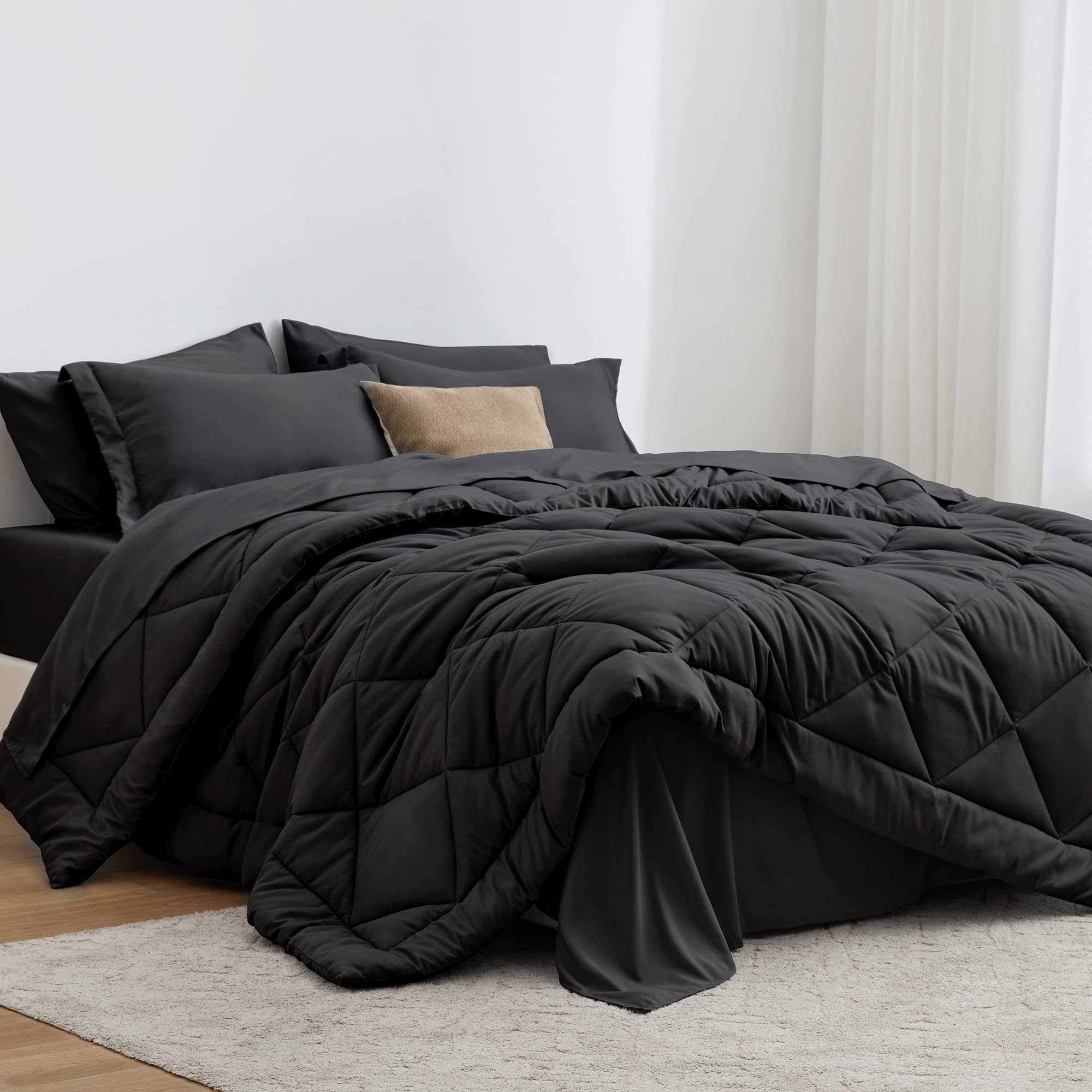 Love 'S Cabin Queen Comforter Set Black, 7 Pieces Queen Bed In A Bag, All Season Queen Bedding Sets With 1 Comforter, 1 Flat She