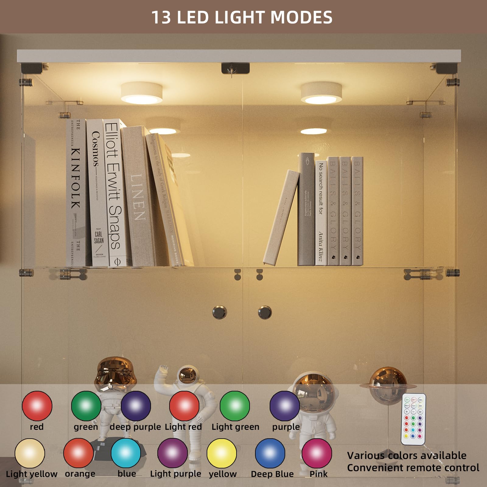 Beauty4U Glass Display Cabinet With Led Light, 4 Shelves With 2 Doors, Curio Cabinets For Living Room, Bedroom, Office, White Floor Standing Glass Bookshelf, Quick Installation