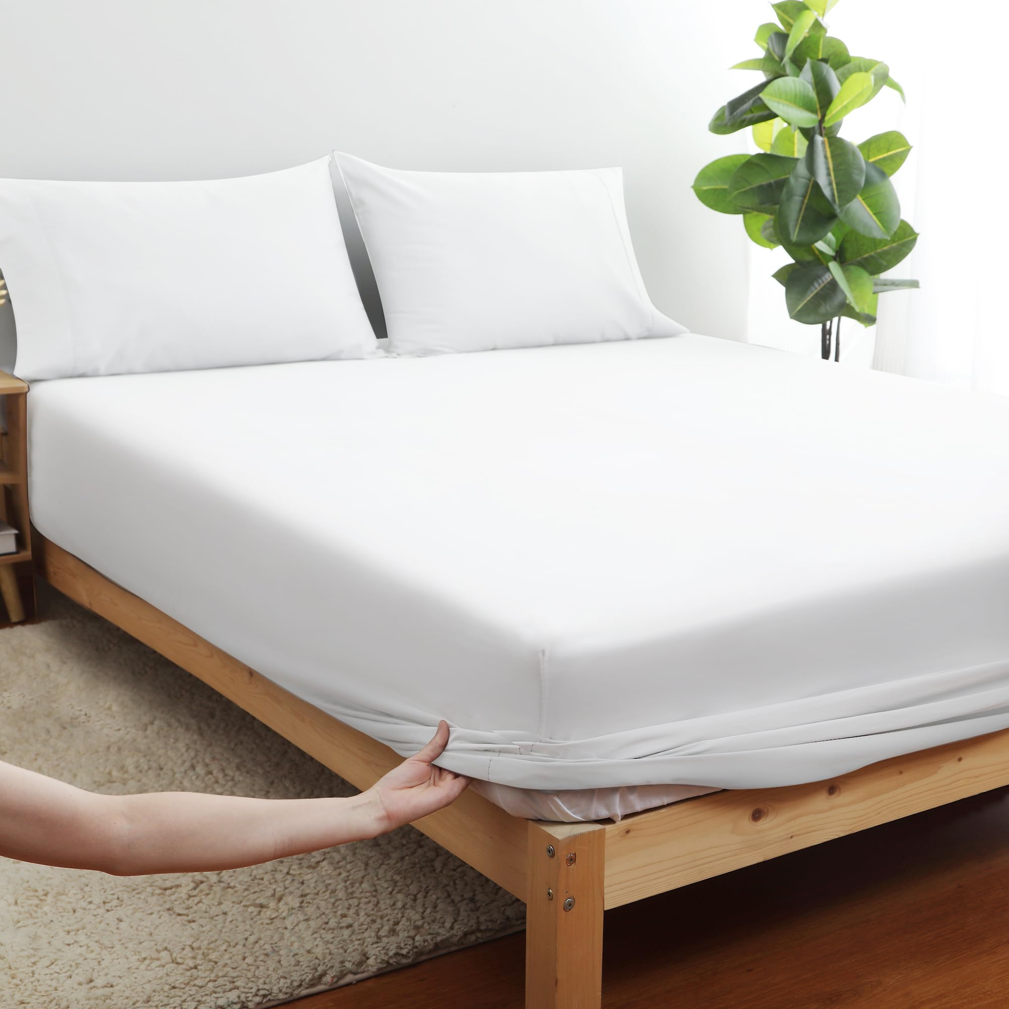 100% Egyptian Cotton Fitted Sheet Queen Size Only, 600 Thread Count, 8'-16' Deep Pocket Sateen Weave Bottom Sheet, Soft Breath